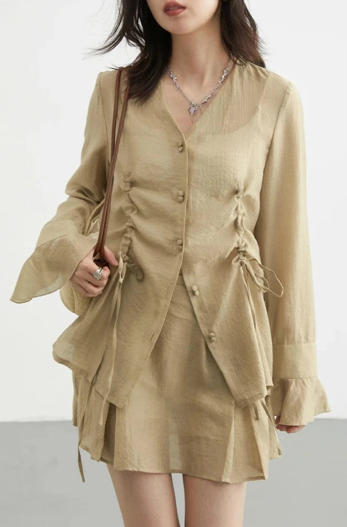 KHAKI THIN DRAWSTRING SHIRT mfoya