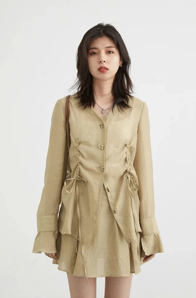 KHAKI THIN DRAWSTRING SHIRT mfoya