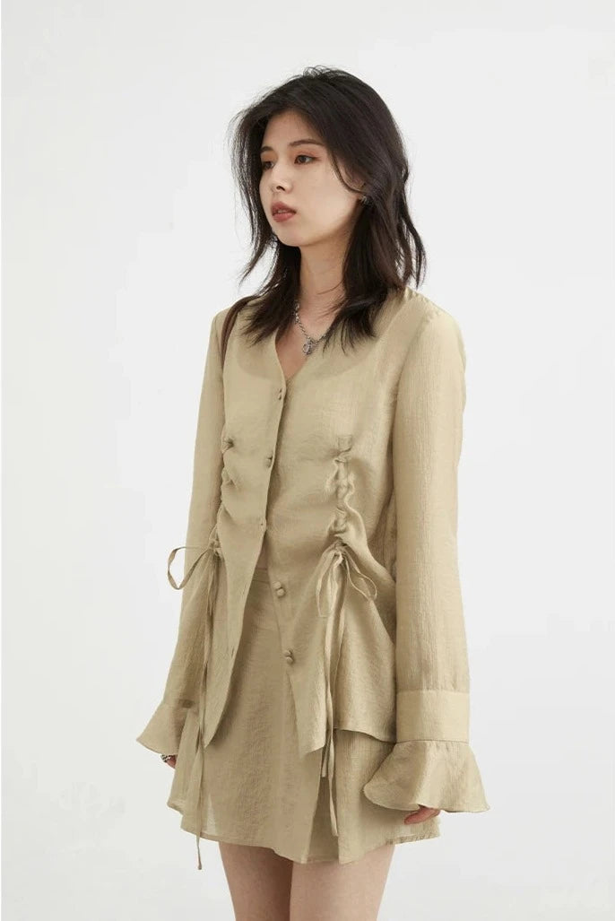 KHAKI THIN DRAWSTRING SHIRT mfoya