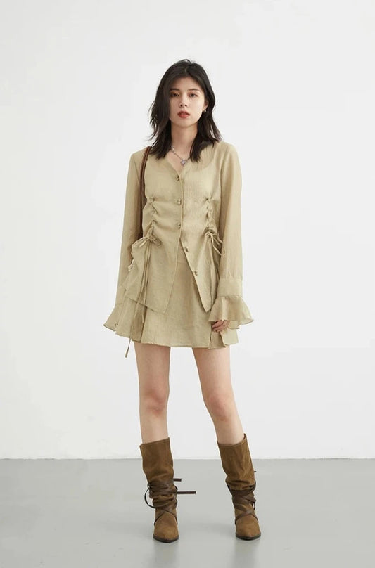 KHAKI THIN DRAWSTRING SHIRT mfoya