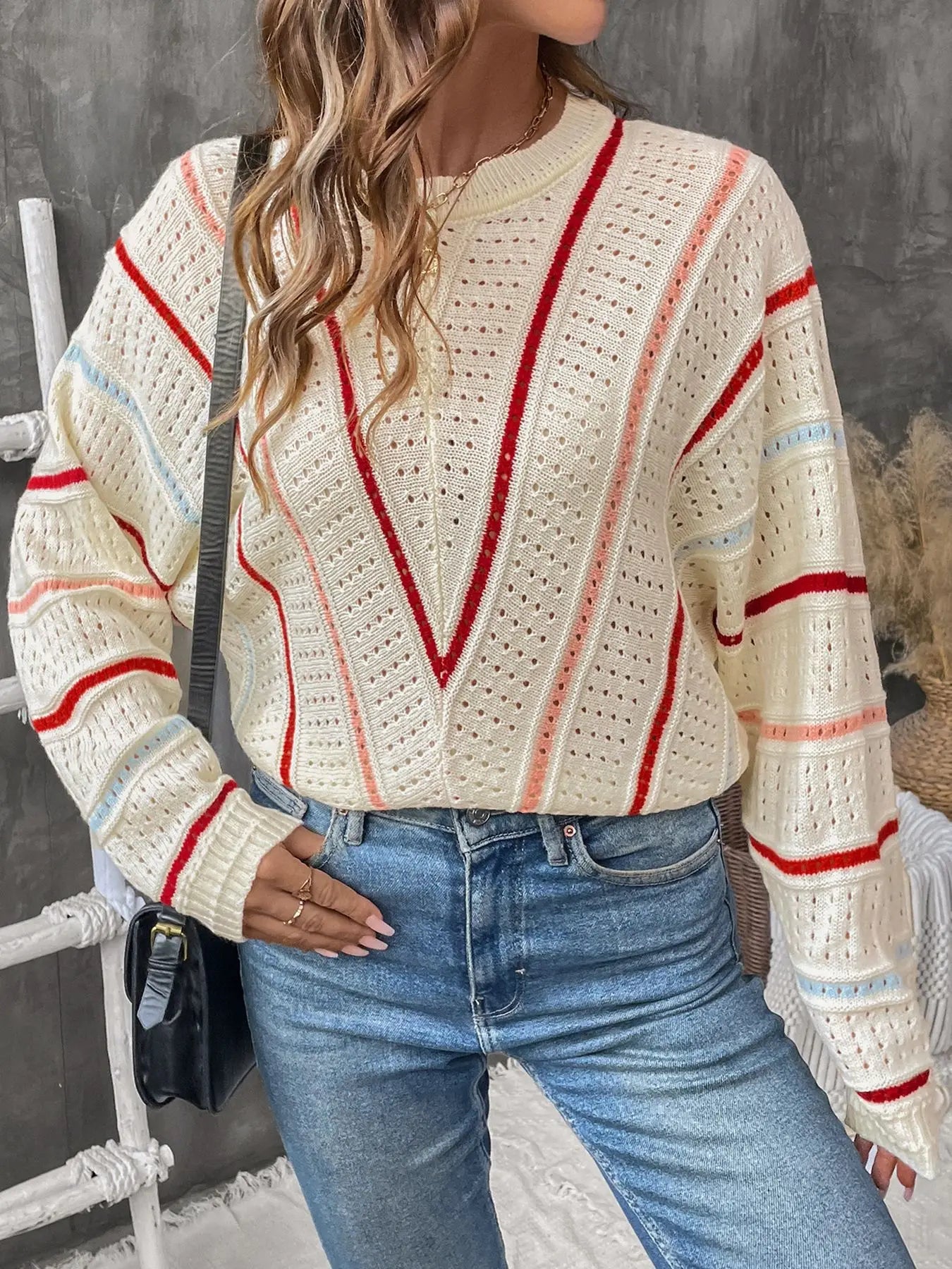 Striped Crew Neck Hollow-Out Sweater mfoya