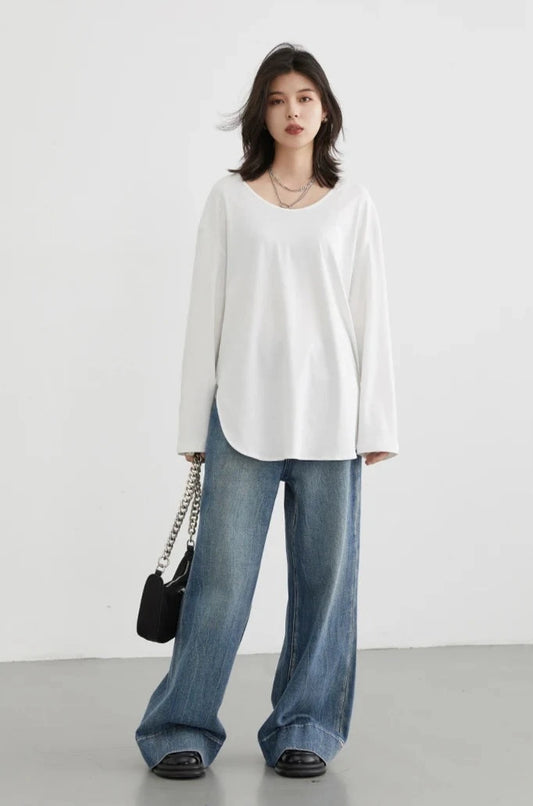 WHITE RELAXED U-NECK LONG SLEEVE TEE mfoya