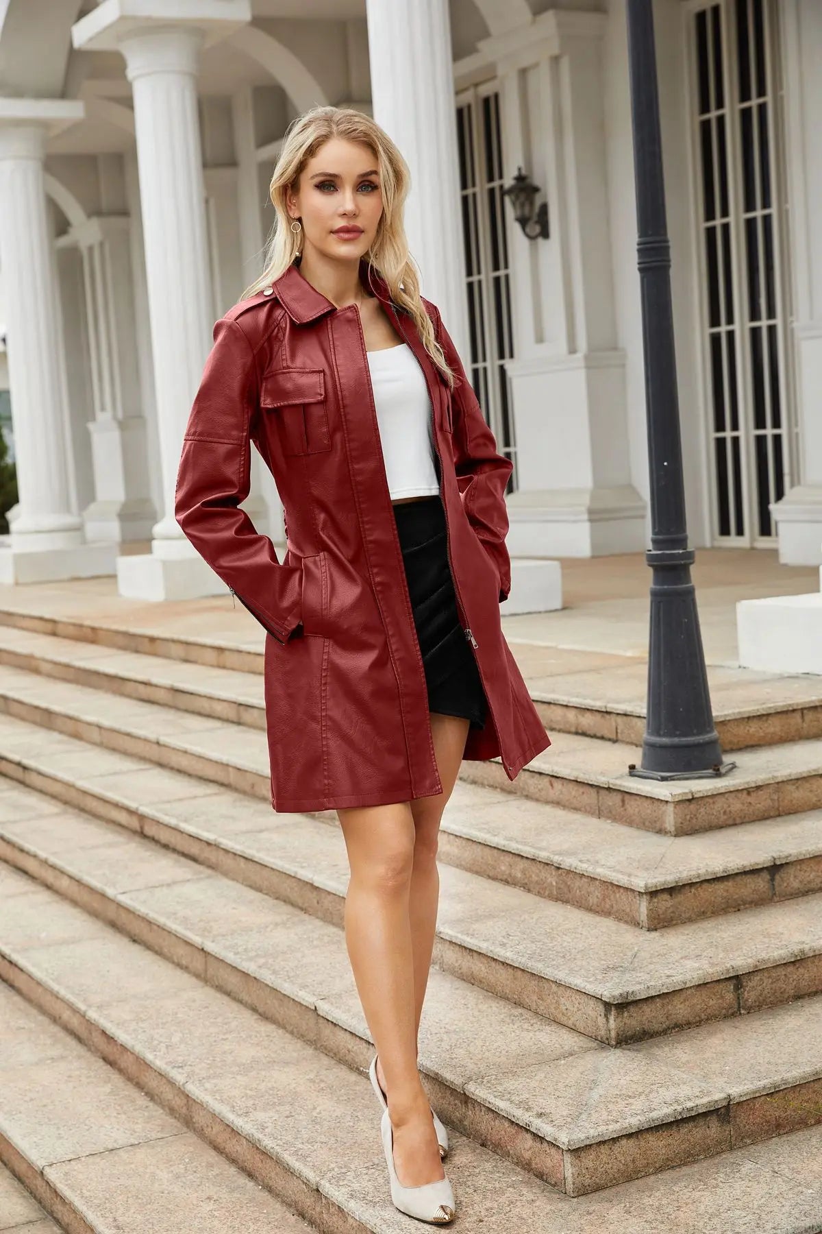 WINE RED LEATHER BELTED TRENCH COAT