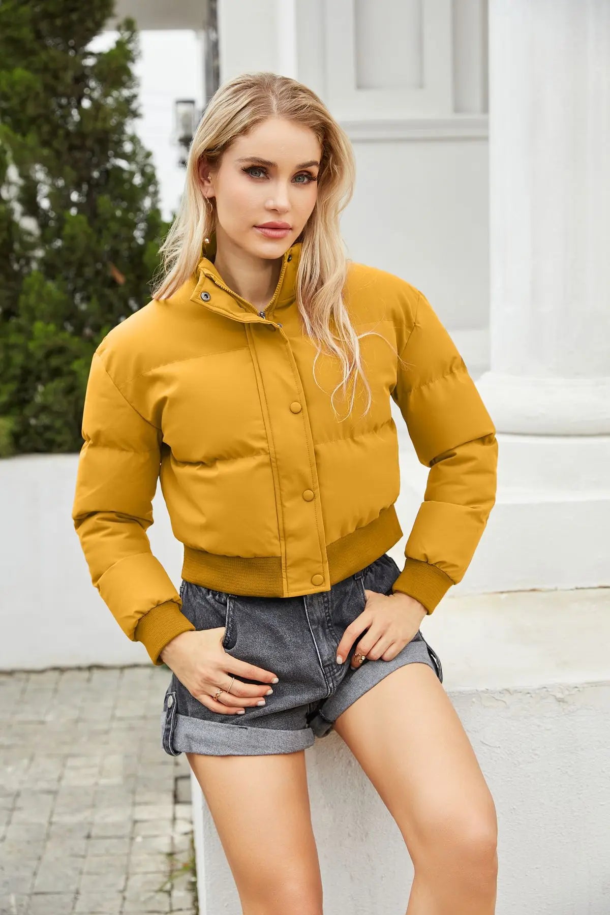 YELLOW SHORT COTTON PADDED JACKET mfoya