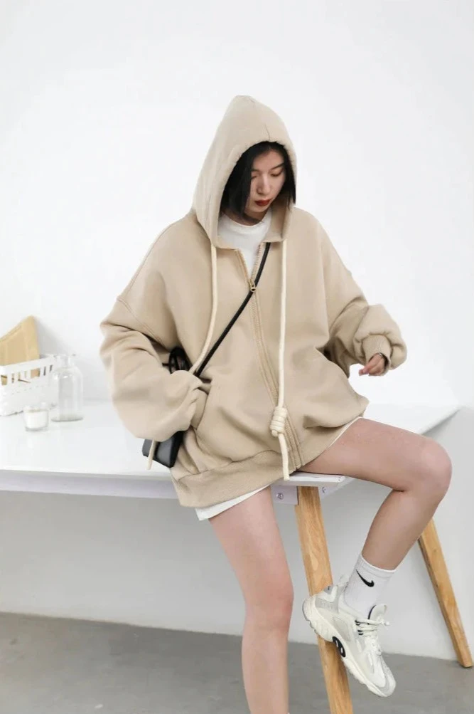 HONEY BEIGE CASUAL SPORTY ZIP-UP HOODIE mfoya