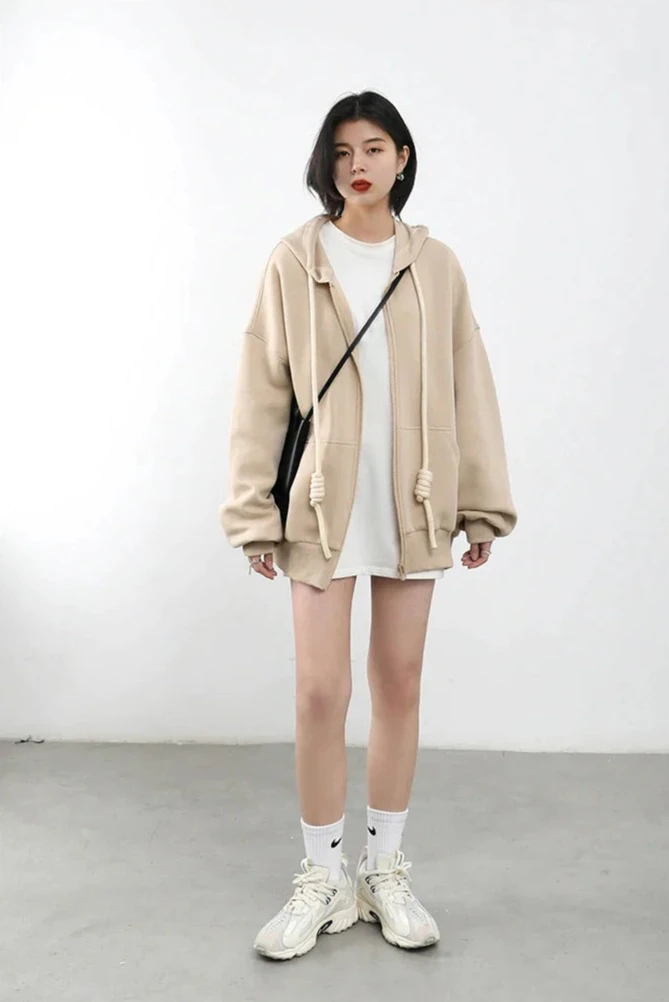 HONEY BEIGE CASUAL SPORTY ZIP-UP HOODIE mfoya