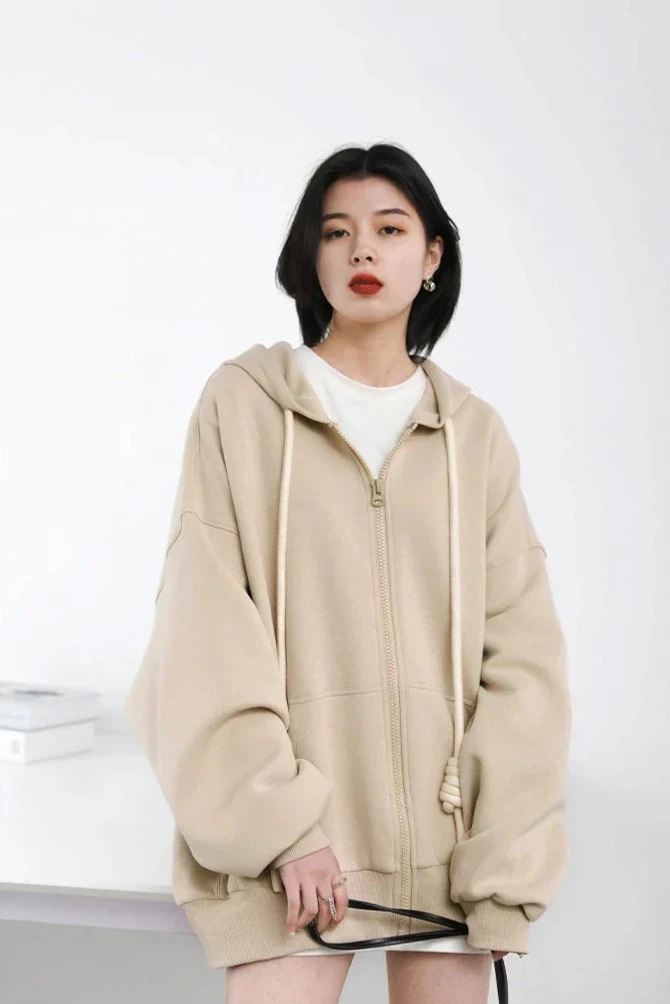 HONEY BEIGE CASUAL SPORTY ZIP-UP HOODIE mfoya