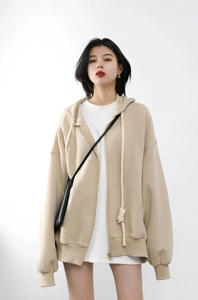 HONEY BEIGE CASUAL SPORTY ZIP-UP HOODIE mfoya