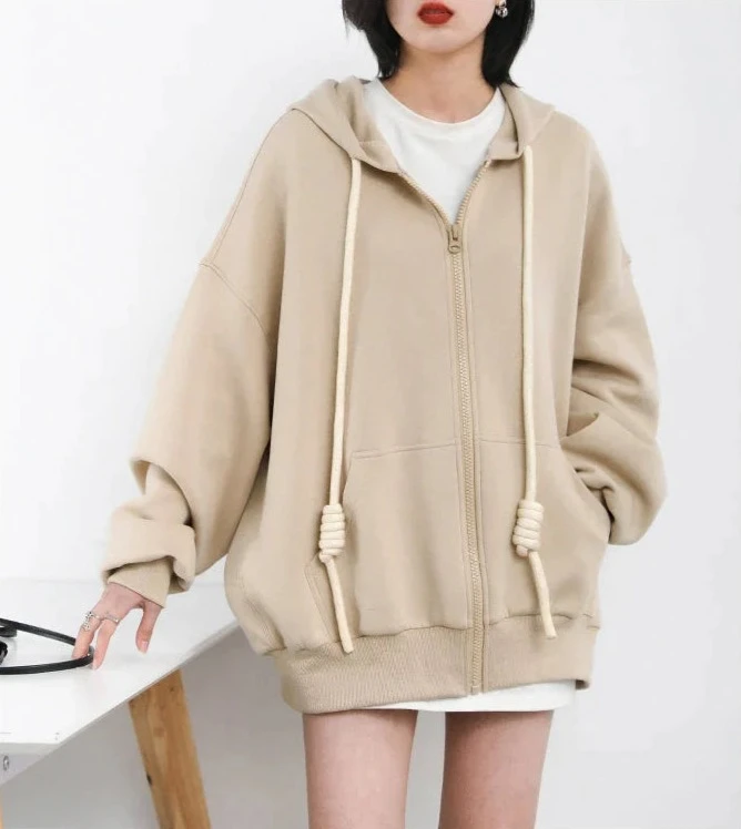 HONEY BEIGE CASUAL SPORTY ZIP-UP HOODIE mfoya