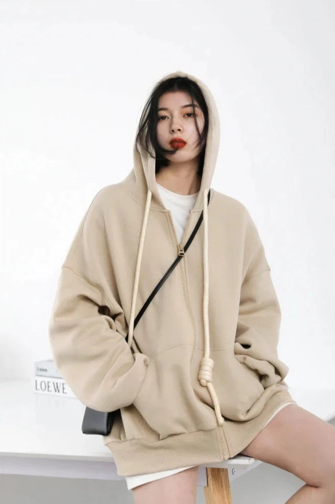 HONEY BEIGE CASUAL SPORTY ZIP-UP HOODIE mfoya