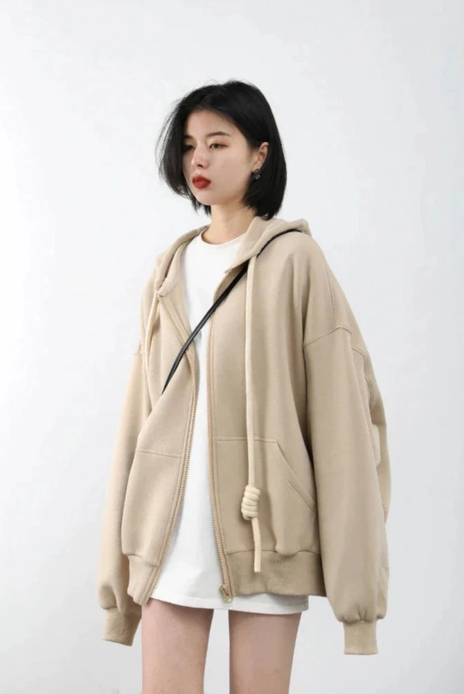 HONEY BEIGE CASUAL SPORTY ZIP-UP HOODIE mfoya